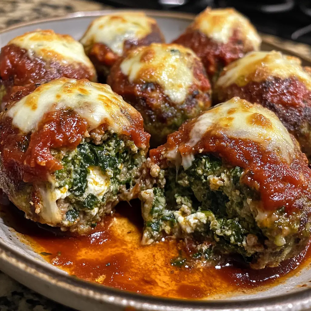 Spinach Garlic Meatballs Stuffed with Mozzarella